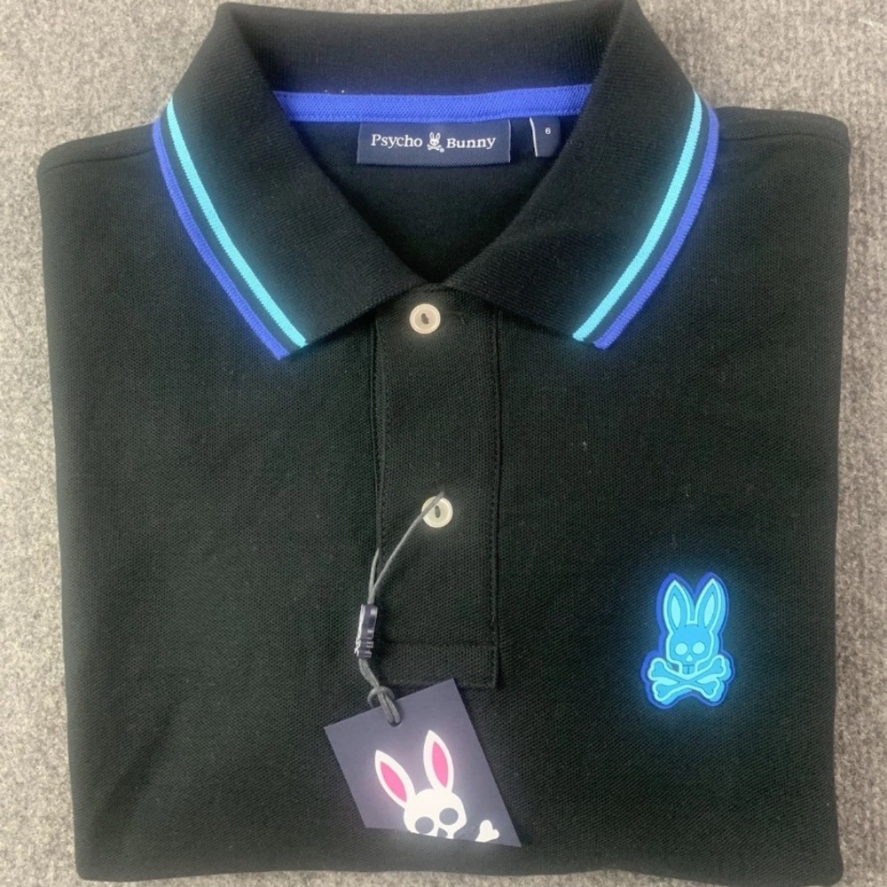 Psycho Bunny Mens 100% Pima Cotton Short Sleeve Polo Size 6 Black/Blue
